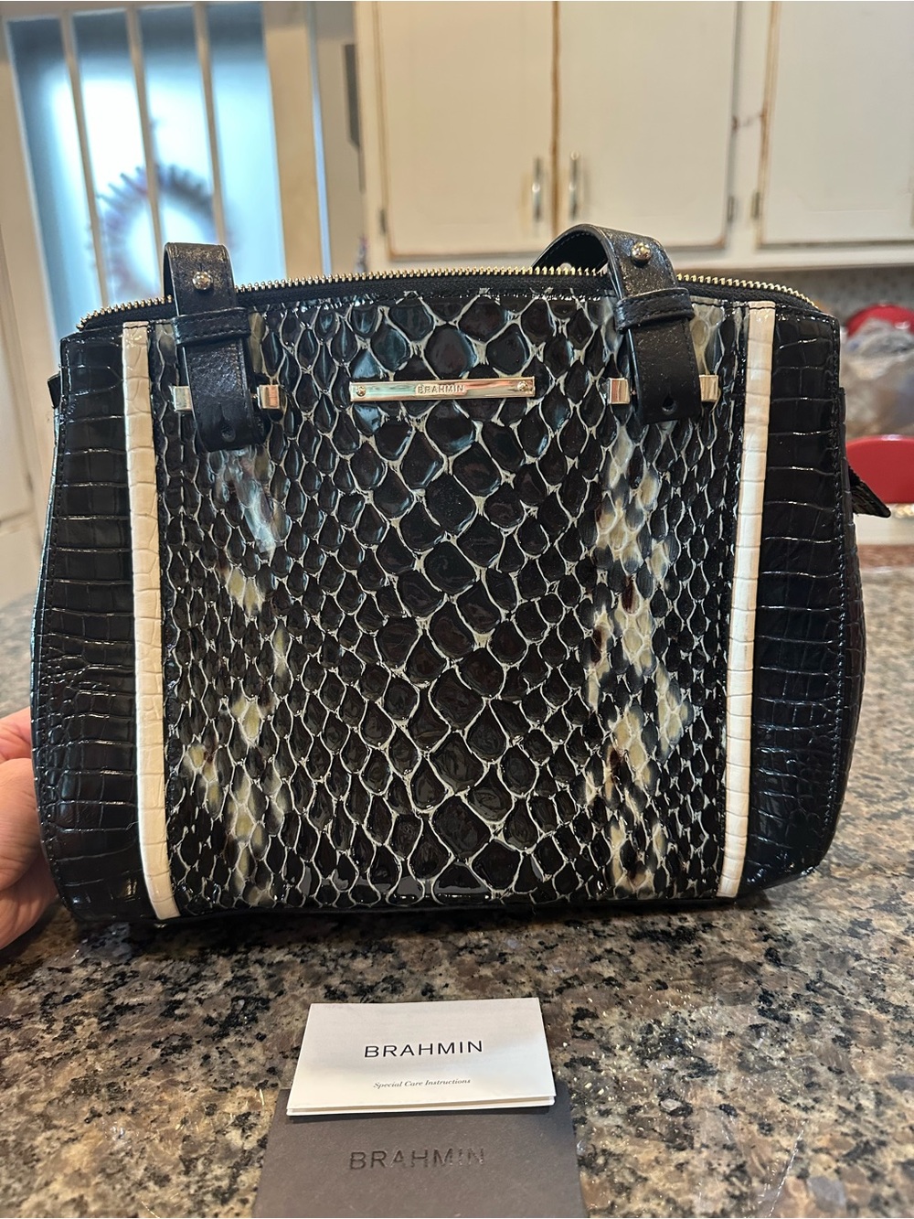 Brahmin Black and White Snake-Embossed Satchel